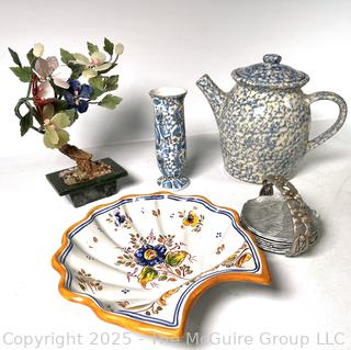 Talavera Portugal Serving Plate, Blue Spongeware Coffee Pot, Aluminum Coasters and Chinese Stone Bonsai Tree 