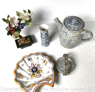 Talavera Portugal Serving Plate, Blue Spongeware Coffee Pot, Aluminum Coasters and Chinese Stone Bonsai Tree 
