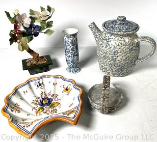 Talavera Portugal Serving Plate, Blue Spongeware Coffee Pot, Aluminum Coasters and Chinese Stone Bonsai Tree 