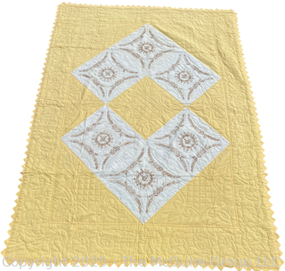 Hand Made Embroidered Yellow & White Quilt. 64" x 90"
