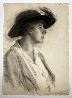 Unframed Double Sided Charcoal Pencil on Paper Portrait of Woman in Hat and Nude Male Signed by Artist Jennie Mae McGuire circa 1915. Measures 18 x 24.5"