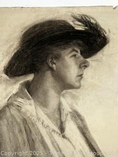 Unframed Double Sided Charcoal Pencil on Paper Portrait of Woman in Hat and Nude Male Signed by Artist Jennie Mae McGuire circa 1915. Measures 18 x 24.5"