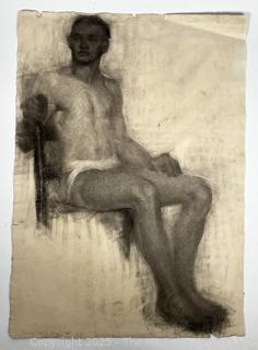 Unframed Double Sided Charcoal Pencil on Paper Portrait of Woman in Hat and Nude Male Signed by Artist Jennie Mae McGuire circa 1915. Measures 18 x 24.5"