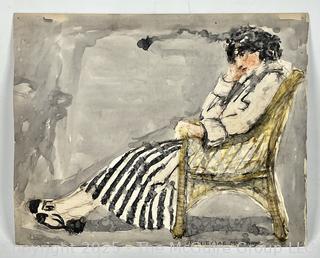 Unframed Double Sided Watercolor on Paper Portrait of Woman Reclining in Chair and Nude Male Signed by Artist Jennie Mae McGuire circa 1915. Measures 14.5 x 18"