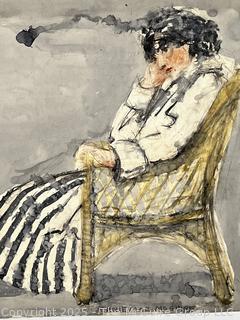 Unframed Double Sided Watercolor on Paper Portrait of Woman Reclining in Chair and Nude Male Signed by Artist Jennie Mae McGuire circa 1915. Measures 14.5 x 18"