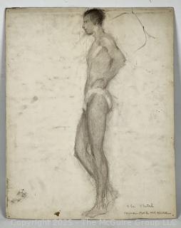Unframed Double Sided Watercolor on Paper Portrait of Woman Reclining in Chair and Nude Male Signed by Artist Jennie Mae McGuire circa 1915. Measures 14.5 x 18"