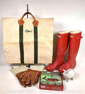 Orvis Firewood Carrier, Hunter Rubber Boots, Bird Feeder and Garden Decor