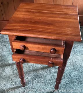 Two (2) Drawer Cherry End Table with Turned Legs<br><br>Rick & Jane

<br><br>

Removal: Sat (Nov 8) & Sun (Nov 9) 11-3pm, 56 Scotch Hill Rd., Cambridge NY 12816 