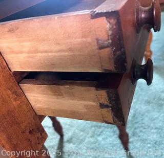 Two (2) Drawer Cherry End Table with Turned Legs<br><br>Rick & Jane

<br><br>

Removal: Sat (Nov 8) & Sun (Nov 9) 11-3pm, 56 Scotch Hill Rd., Cambridge NY 12816 