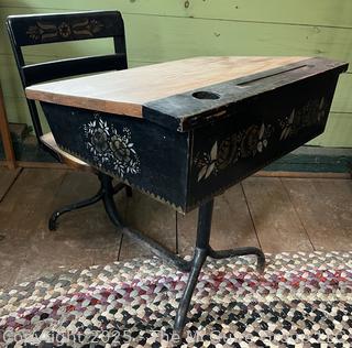 Stenciled School Desk and Attached Chair<br><br>Wendy Dan Hermione

<br><br>

Removal Options:<br><br> Sat (Nov 8) & Sun (Nov 9) 11-3pm, 56 Scotch Hill Rd., Cambridge NY 12816<br><br>

