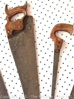 Eleven (11) Hand Saws Including Disston<br><br>Dylan & Erin

<br><br>

Removal Options:<br><br> Sat (Nov 8) & Sun (Nov 9) 11-3pm, 56 Scotch Hill Rd., Cambridge NY 12816<br><br>

Sat (Nov 15) 12-2pm, TMG Warehouse, 2800 Juniper St., Fairfax, VA 22031<br><br>

Request Shipping (david@themcguiregroupllc.com)