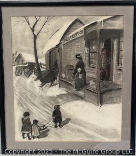 Framed Under Glass Charcoal Pencil On Paper Titled, "Winter Errands At The Post Office" Signed Jennie Mae McGuire<br><br>Bonnie & Kent

<br><br>

Removal Options:<br><br> Sat (Nov 8) & Sun (Nov 9) 11-3pm, 56 Scotch Hill Rd., Cambridge NY 12816<br><br>

Sat (Nov 15) 12-2pm, TMG Warehouse, 2800 Juniper St., Fairfax, VA 22031<br><br>

Request Shipping (david@themcguiregroupllc.com)