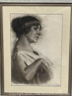 Framed Under Glass Charcoal on Paper Titled, "How Much Longer Do I Have To Sit Here" Circa 1915. Signed Jennie Mae McGuire<br><br>House

<br><br>

Removal Options:<br><br> Sat (Nov 8) & Sun (Nov 9) 11-3pm, 56 Scotch Hill Rd., Cambridge NY 12816<br><br>

Sat (Nov 15) 12-2pm, TMG Warehouse, 2800 Juniper St., Fairfax, VA 22031<br><br>

Request Shipping (david@themcguiregroupllc.com)