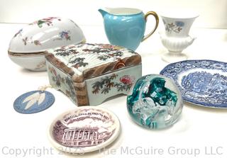 Group of Porcelain and Glassware Including Wedgwood and a Paperweight<br><br>Wendy Dan Hermione

<br><br>

Removal Options:<br><br> Sat (Nov 8) & Sun (Nov 9) 11-3pm, 56 Scotch Hill Rd., Cambridge NY 12816<br><br>

Sat (Nov 15) 12-2pm, TMG Warehouse, 2800 Juniper St., Fairfax, VA 22031<br><br>

Request Shipping (david@themcguiregroupllc.com)