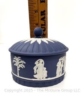 Wedgewood Blue Jasperware Round Box w Lid Trinket Powder Vanity Decor Dish Bowl<br><br>Wendy Dan Hermione

<br><br>

Removal Options:<br><br> Sat (Nov 8) & Sun (Nov 9) 11-3pm, 56 Scotch Hill Rd., Cambridge NY 12816<br><br>

Sat (Nov 15) 12-2pm, TMG Warehouse, 2800 Juniper St., Fairfax, VA 22031<br><br>

Request Shipping (david@themcguiregroupllc.com)