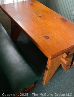 Knotty Wood table w/ P Padded Bench Seats <br><br>House

<br><br>

Removal Options:<br><br> Sat (Nov 8) & Sun (Nov 9) 11-3pm, 56 Scotch Hill Rd., Cambridge NY 12816<br><br>

Sat (Nov 15) 12-2pm, TMG Warehouse, 2800 Juniper St., Fairfax, VA 22031<br><br>

Request Shipping (david@themcguiregroupllc.com)