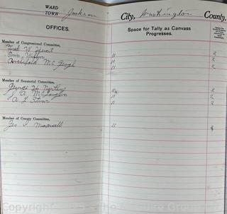 Town of Jackson NY 17 x 18 x 26 Galvanized Election Box and Duplicate Records Circa 1910-20.  See All the Photos in the Gallery<br><br>Distribute Individual Pages w/ "William J. McGuire" Signature

<br><br>

Removal Options:<br><br> Sat (Nov 8) & Sun (Nov 9) 11-3pm, 56 Scotch Hill Rd., Cambridge NY 12816<br><br>

Sat (Nov 15) 12-2pm, TMG Warehouse, 2800 Juniper St., Fairfax, VA 22031<br><br>

Request Shipping (david@themcguiregroupllc.com)