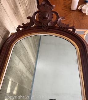 Mahogany Wall Mount Mirror with Pediment Top. Measures 27 x 48"<br><br>House

<br><br>

Removal Options:<br><br> Sat (Nov 8) & Sun (Nov 9) 11-3pm, 56 Scotch Hill Rd., Cambridge NY 12816<br><br>

