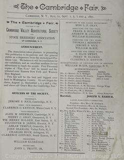 1891 Cambridge NY Fair Program<br><br>Bonnie & Kent

<br><br>

Removal Options:<br><br> Sat (Nov 8) & Sun (Nov 9) 11-3pm, 56 Scotch Hill Rd., Cambridge NY 12816<br><br>

Sat (Nov 15) 12-2pm, TMG Warehouse, 2800 Juniper St., Fairfax, VA 22031<br><br>

Request Shipping (david@themcguiregroupllc.com) 