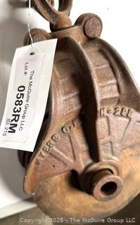 Ice Block Log Carrying Iron Tongs with Attached Pulley<br><br>David & Katherine

<br><br>

Removal Options:<br><br> Sat (Nov 8) & Sun (Nov 9) 11-3pm, 56 Scotch Hill Rd., Cambridge NY 12816<br><br>

Sat (Nov 15) 12-2pm, TMG Warehouse, 2800 Juniper St., Fairfax, VA 22031<br><br>

Request Shipping (david@themcguiregroupllc.com)