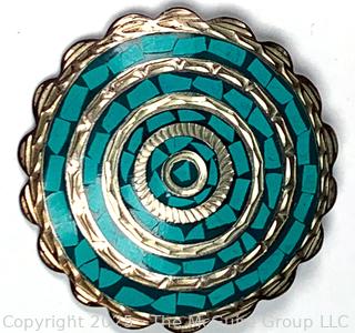 Sterling Silver with Stone Round Brooch Made in Guajajara, Mexico, Signed by Artist