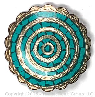 Sterling Silver with Stone Round Brooch Made in Guajajara, Mexico, Signed by Artist