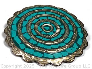 Sterling Silver with Stone Round Brooch Made in Guajajara, Mexico, Signed by Artist