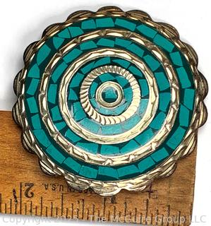 Sterling Silver with Stone Round Brooch Made in Guajajara, Mexico, Signed by Artist