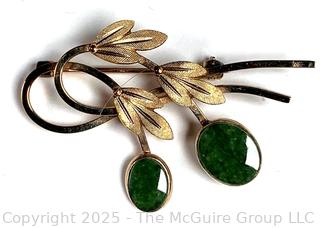 Van Dell 12K G.F. Jade Cabochon Floral Brooch Pin