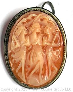 Victorian Hand Carved Shell Cameo Pendant Brooch of Three Graces