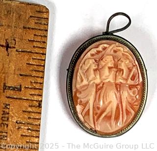 Victorian Hand Carved Shell Cameo Pendant Brooch of Three Graces