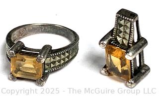 Sterling Silver, Marcasite and Citrine Ring and Matching Pendant by Judith Jack 