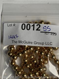 14kt Yellow Gold Hollow Bead Necklace on Chain.  10 grams