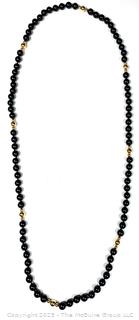 Onxy Opera Length Bead Necklace with Gold Bead Spacers