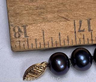 Knotted Black Pearl Necklace with 14kt Gold Clasp, 18"