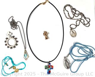 Group of Religious Medals, Millefiori Glass Cross Pendant and Pocket Rosary