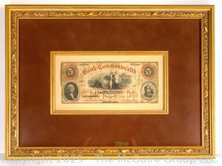 Framed Under Glass Civil War 1858 $5 Currency Note from the Bank of the Commonwealth in Richmond, Virginia