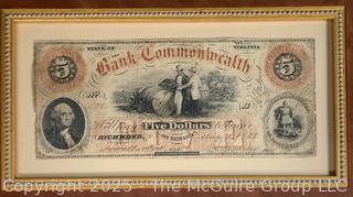 Framed Under Glass Civil War 1858 $5 Currency Note from the Bank of the Commonwealth in Richmond, Virginia