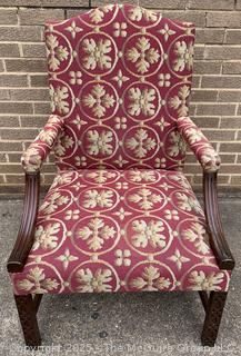 Upholstered Mahogany Chippendale Lolling Chair with Blind Fretwork Legs.  Stain on seat. 41"H x 27"W x 27"D