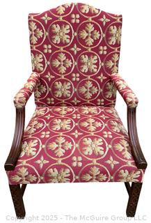 Upholstered Mahogany Chippendale Lolling Chair with Blind Fretwork Legs.  Stain on seat. 41"H x 27"W x 27"D