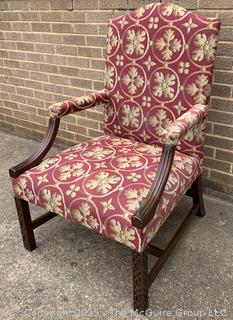 Upholstered Mahogany Chippendale Lolling Chair with Blind Fretwork Legs.  Stain on seat. 41"H x 27"W x 27"D