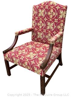Upholstered Mahogany Chippendale Lolling Chair with Blind Fretwork Legs.  Stain on seat. 41"H x 27"W x 27"D