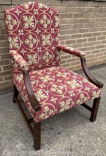 Upholstered Mahogany Chippendale Lolling Chair with Blind Fretwork Legs.  Stain on seat. 41"H x 27"W x 27"D