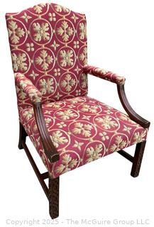 Upholstered Mahogany Chippendale Lolling Chair with Blind Fretwork Legs.  Stain on seat. 41"H x 27"W x 27"D