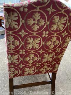 Upholstered Mahogany Chippendale Lolling Chair with Blind Fretwork Legs.  Stain on seat. 41"H x 27"W x 27"D
