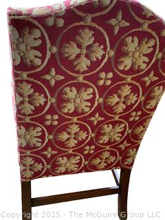 Upholstered Mahogany Chippendale Lolling Chair with Blind Fretwork Legs.  Stain on seat. 41"H x 27"W x 27"D