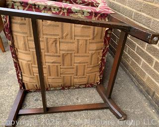 Upholstered Mahogany Chippendale Lolling Chair with Blind Fretwork Legs.  Stain on seat. 41"H x 27"W x 27"D