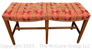 Mahogany Double Saddle Bench in Red Chinoiserie Upholstery by Jules Rist.  39"W x 15"D x 20"H