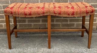 Mahogany Double Saddle Bench in Red Chinoiserie Upholstery by Jules Rist.  39"W x 15"D x 20"H
