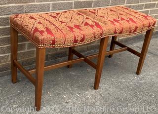 Mahogany Double Saddle Bench in Red Chinoiserie Upholstery by Jules Rist.  39"W x 15"D x 20"H